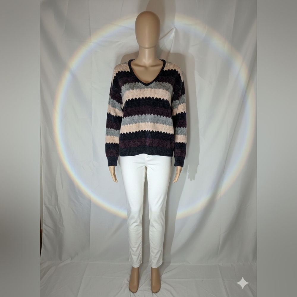 Eyeshadow Striped Sweater-Size Lg-Loose Knit-Striped-Womens- V-Neck Pullover